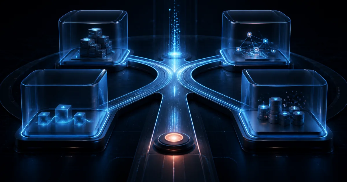 Four isolated capability workspaces connected to a central execution path
