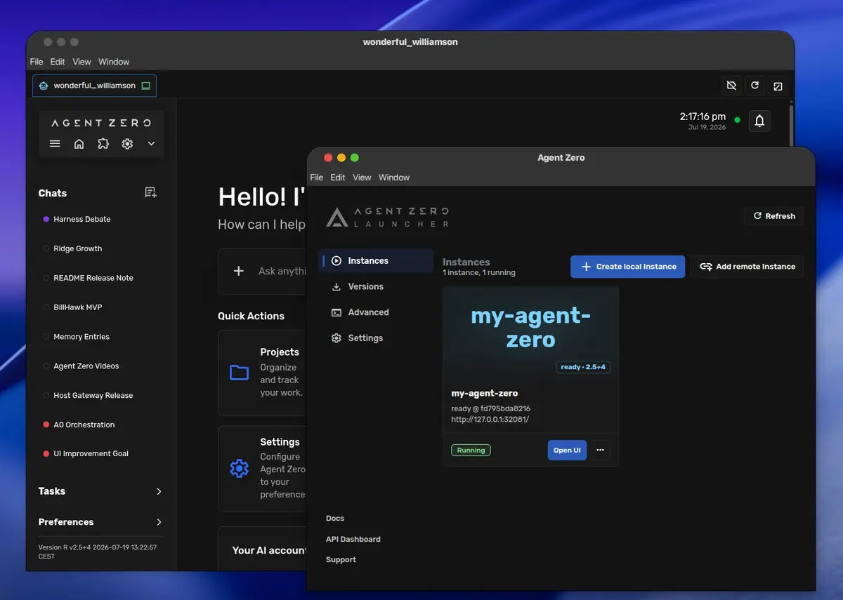 Agent Zero web interface and Launcher managing a running instance
