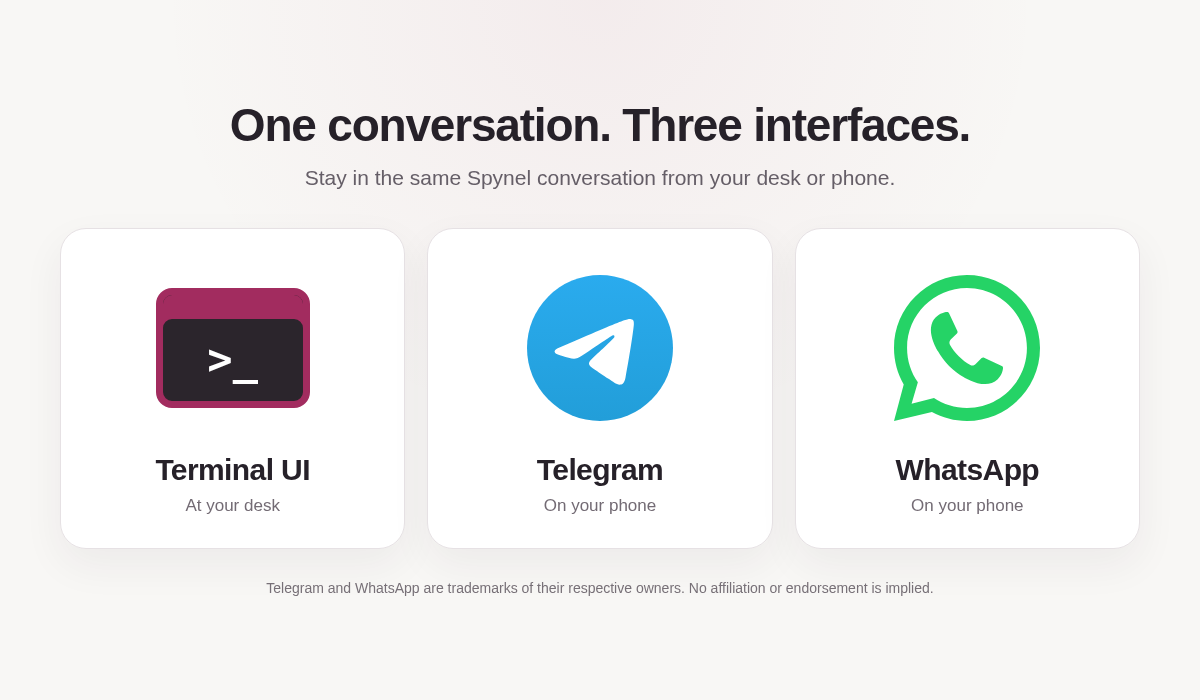 One Spynel conversation available through Terminal UI, Telegram, and WhatsApp