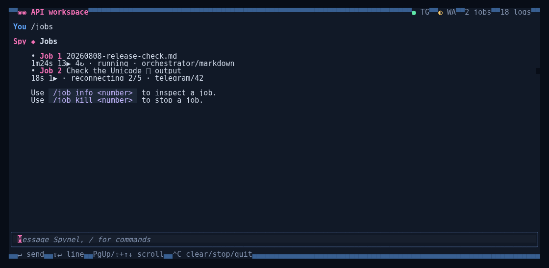 Spynel work-in-progress jobs view showing running orchestration and channel activity