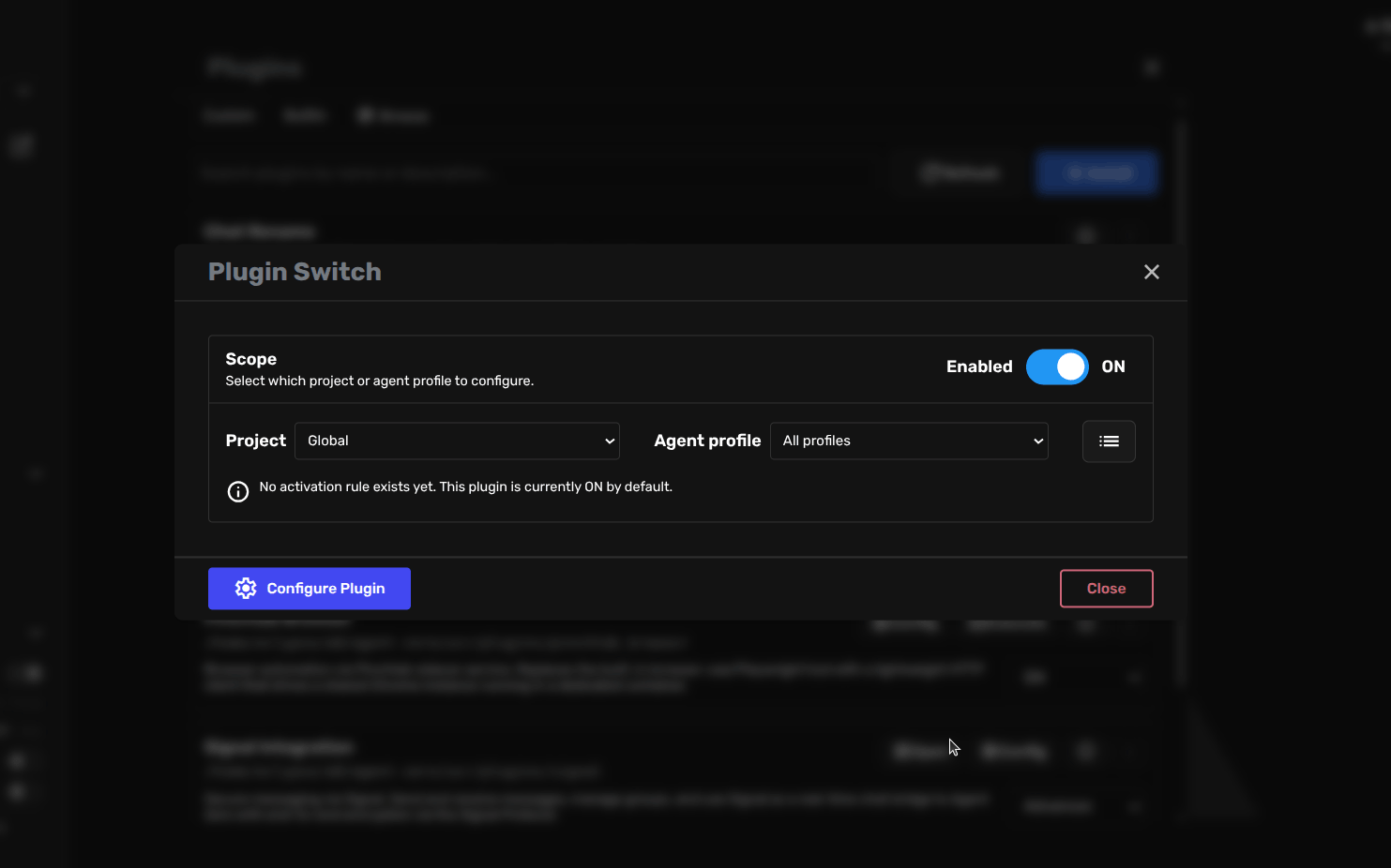 Plugin activation toggle with Advanced scope selector