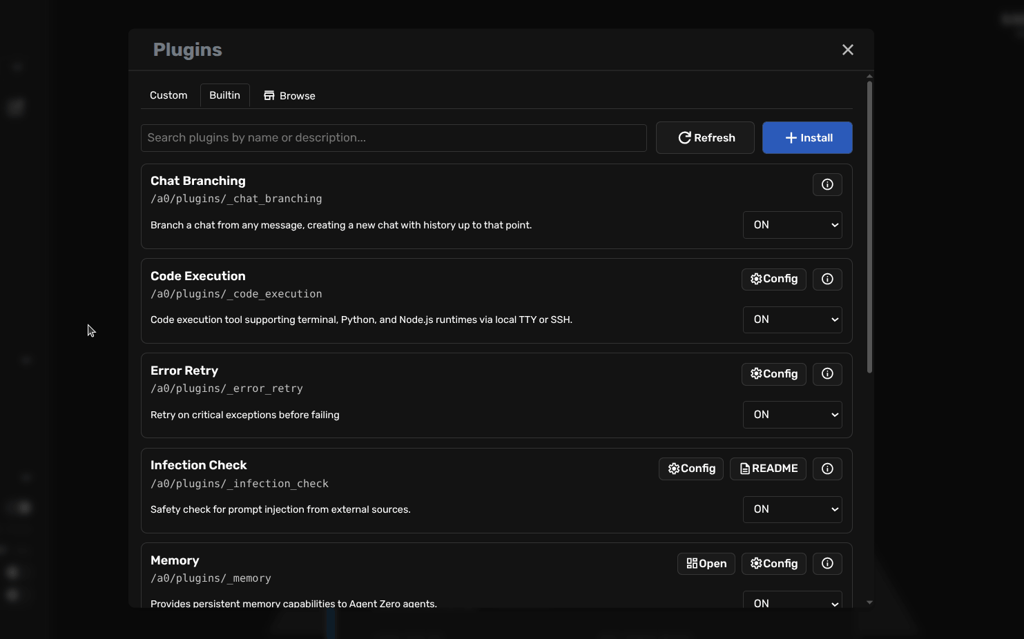 Agent Zero Plugin List showing installed plugins