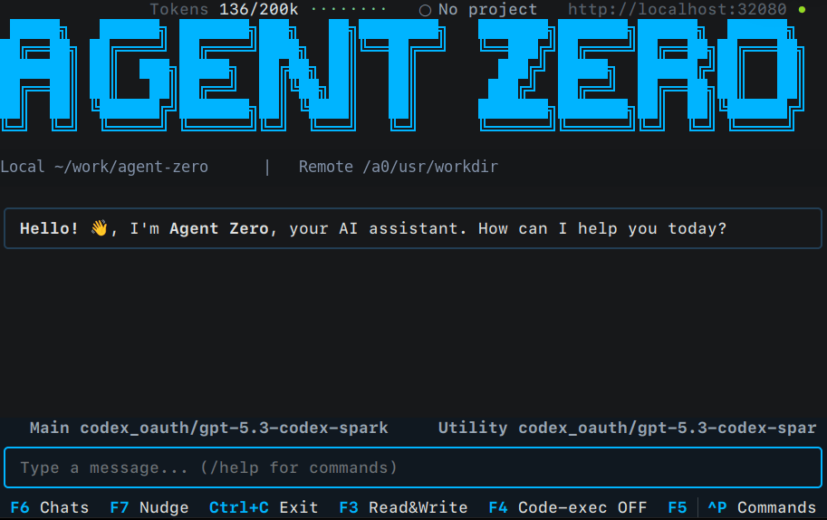 A0 CLI connected terminal running Agent Zero on a local machine