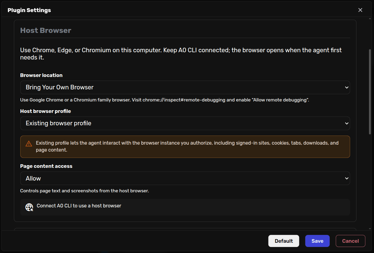 Browser plugin settings showing Bring Your Own Browser mode