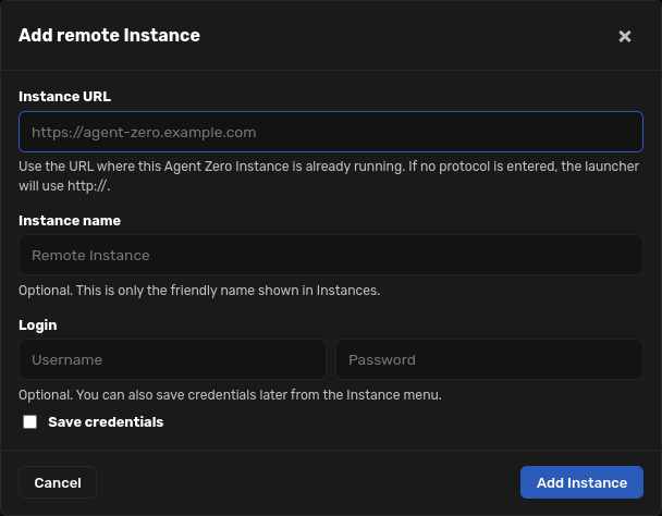 Add remote Instance dialog with URL, name, and optional login fields
