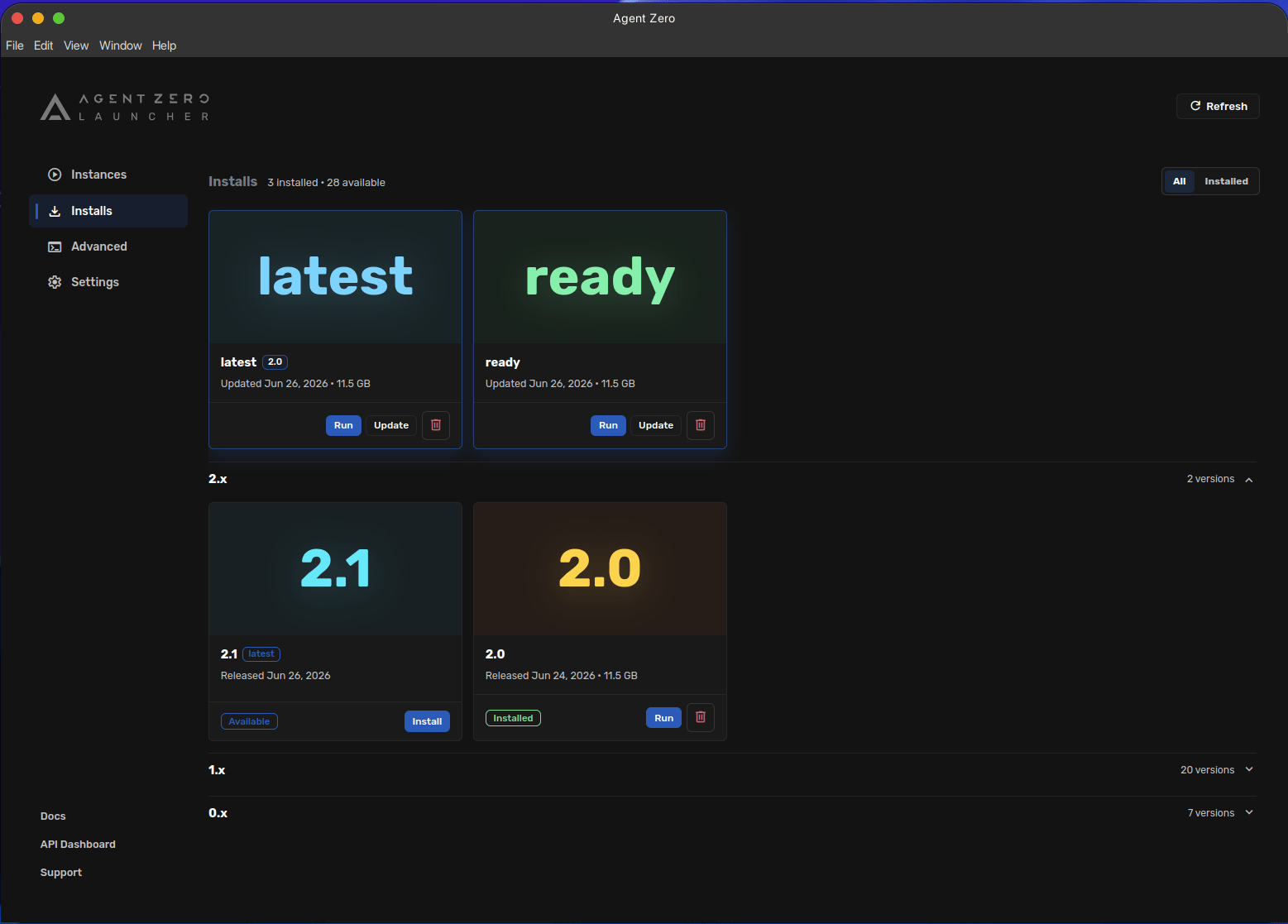 Launcher Installs view with latest, ready, and v2.1 version cards