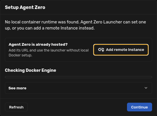 Launcher runtime setup dialog with Add remote Instance