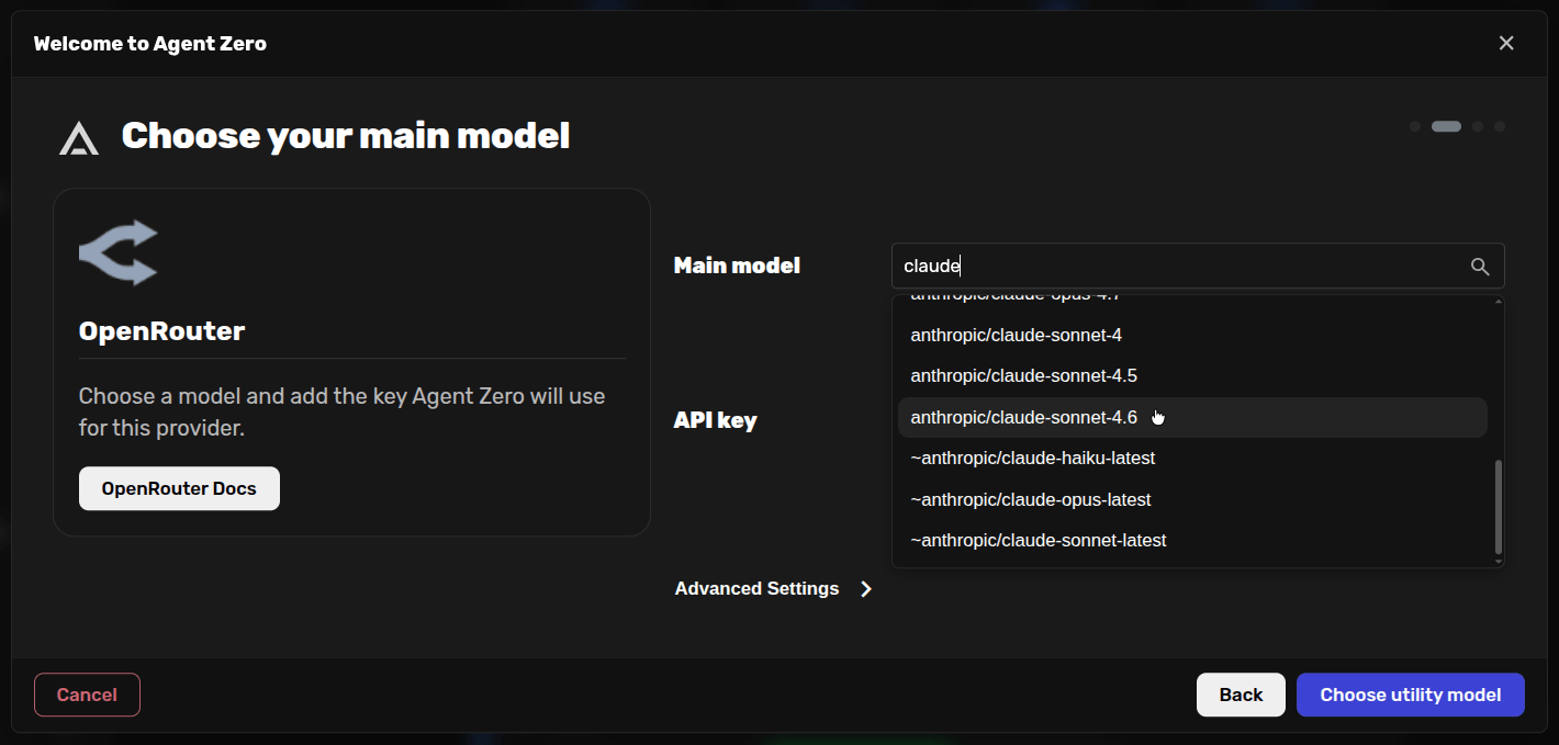 Provider setup with model dropdown open