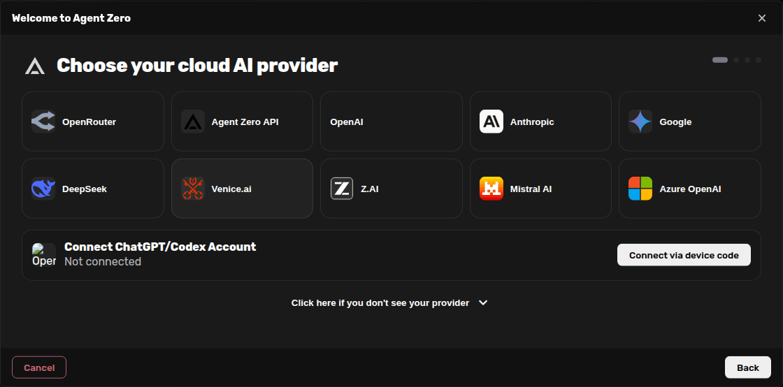 Cloud provider picker with Agent Zero API visible