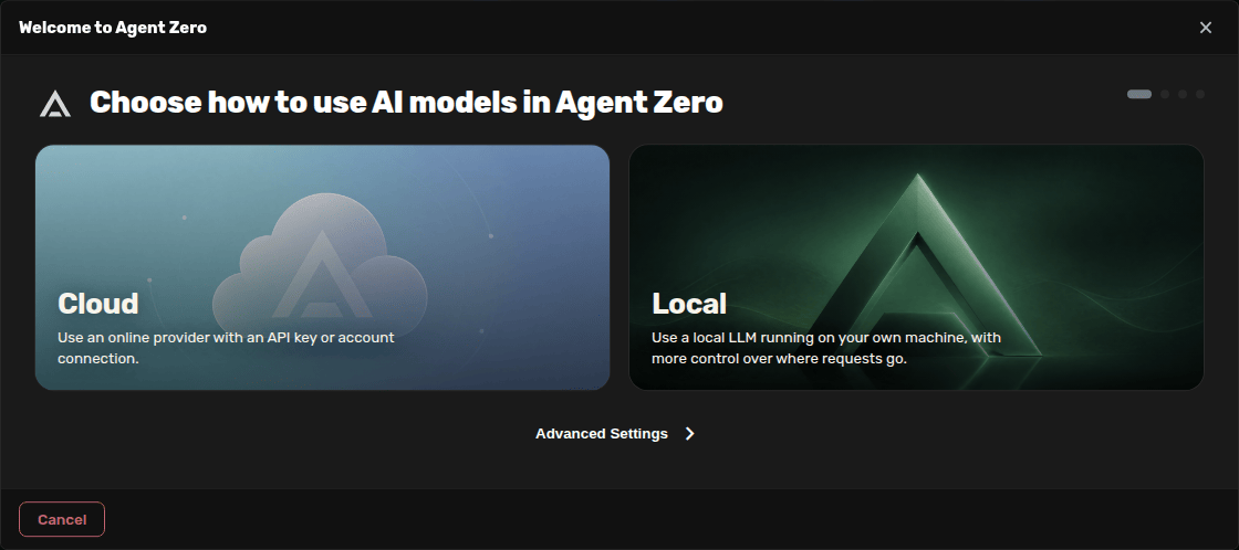 Onboarding start screen with Cloud and Local choices