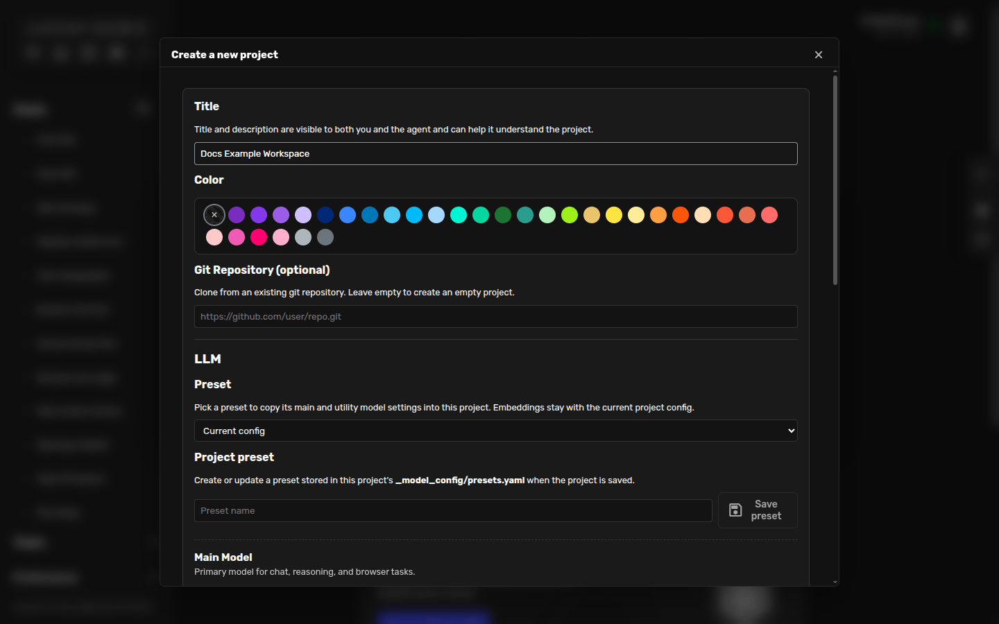 Create project form