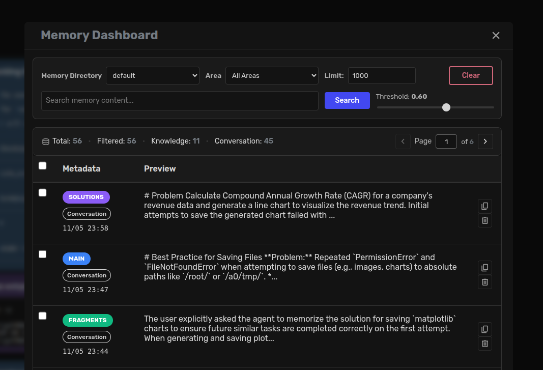 Agent Zero memory and RAG interface